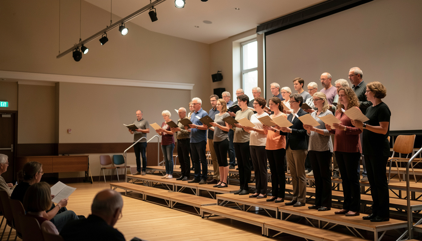 A mixed adult choir standing on risers during an evening rehearsal, scores open in hand, warm overhead light, shot from the side of the hall.
