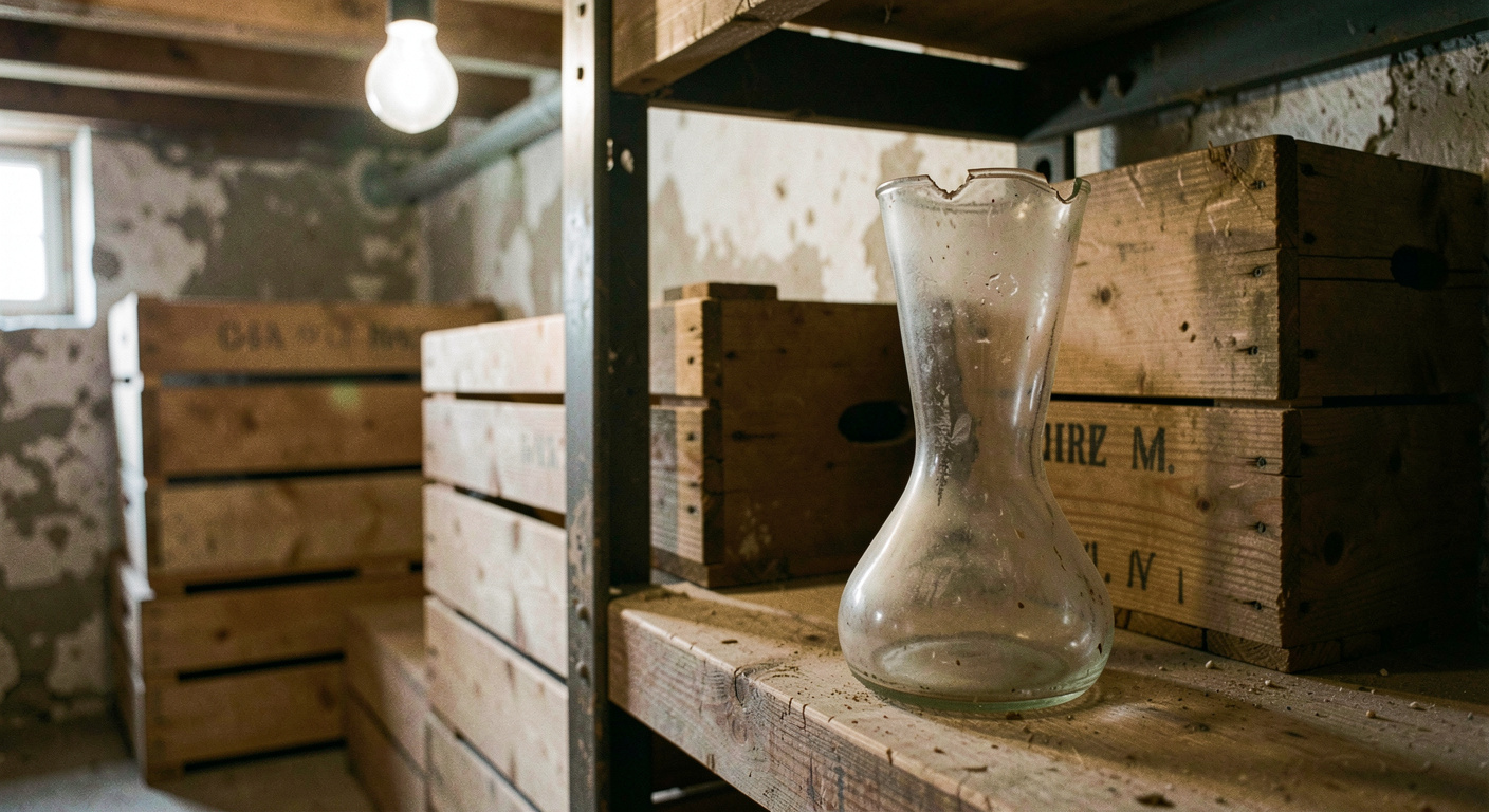 An old pressed glass drinking boot with a chipped rim standing on a dusty cellar shelf beside stacked crates, single bare bulb overhead
