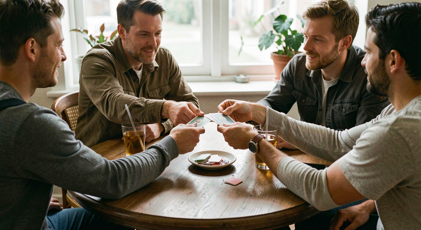 Four players seated around a round table passing cards to each other, one hand giving two cards across the table, drinks and a discard pile in the middle