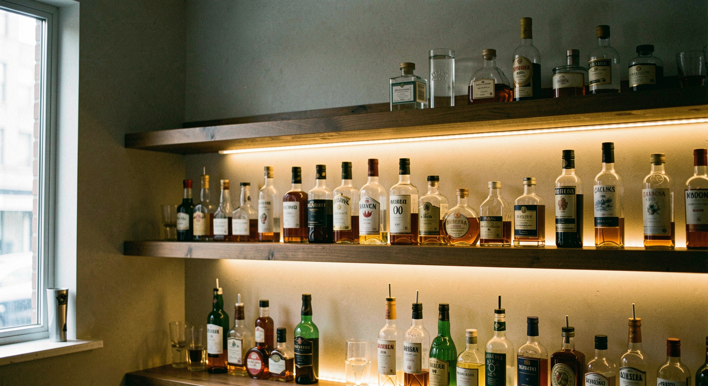 A back bar shelf lit from underneath by a warm strip, bottles glowing from the base, the wall behind left in shadow
