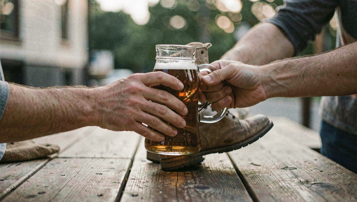 A glass boot of beer being handed from one person to another across a wooden table, both pairs of hands on the leg, toe pointing to the side, evening light