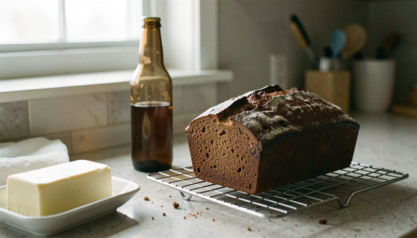 A dark crusted loaf of beer bread cooling on a wire rack next to an empty bottle and a butter dish, kitchen counter, morning light