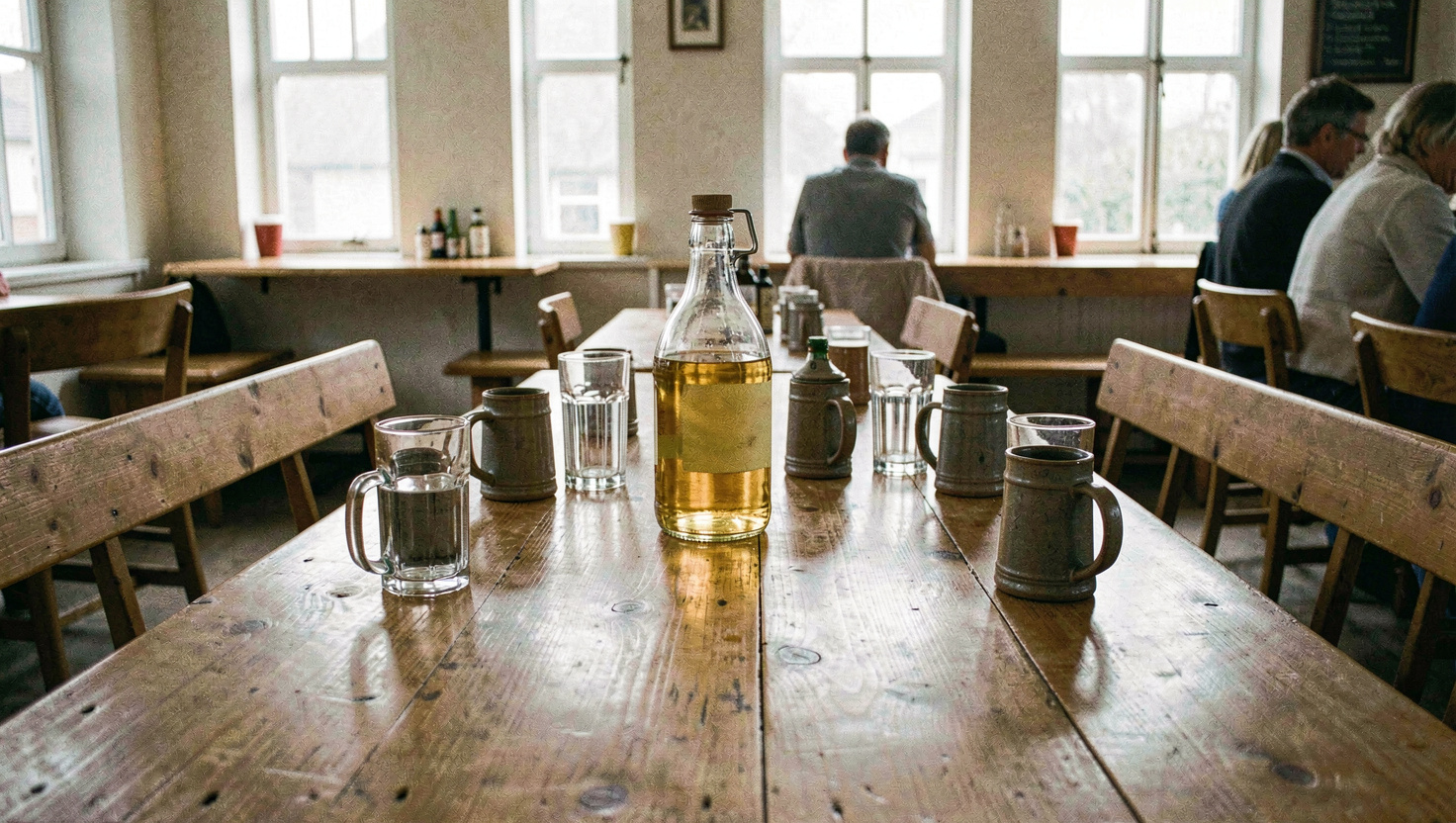 A long scrubbed wooden beer hall table with a two litre glass boot standing among stoneware steins and empty glasses, benches either side, daylight from high windows