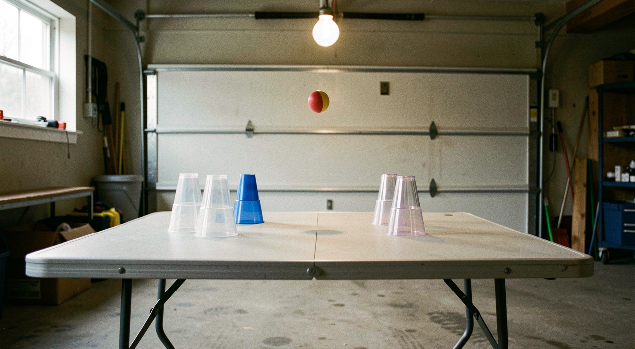A folding table in a garage set with two triangles of plastic cups, a ping pong ball in mid air, bare bulb overhead casting a hard shadow