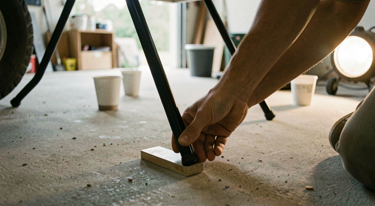 Hands adjusting a folding table leg with a shim on a concrete garage floor, cups already set at the far end, work light to one side