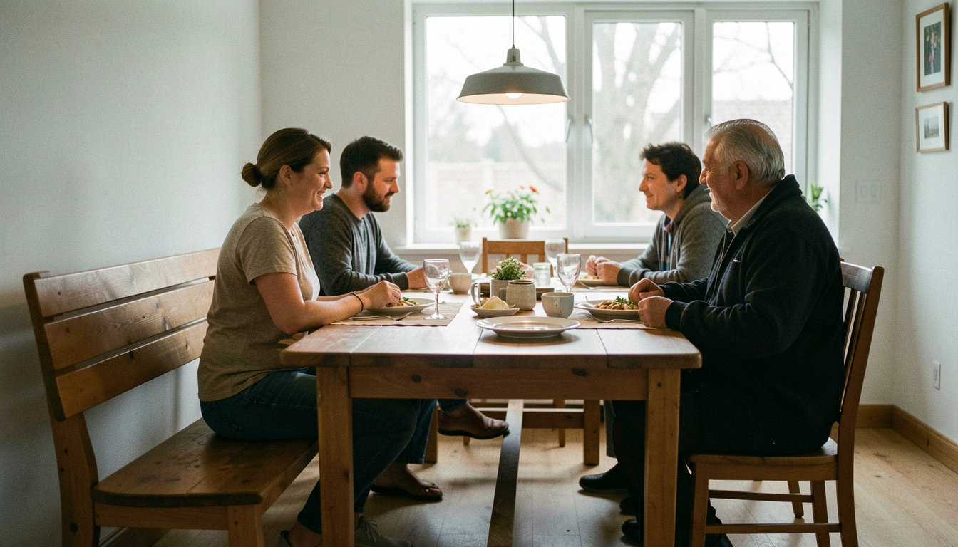 A wooden bench pushed up to one side of a dining table with four people sitting closely along it, plates and glasses in front of them, low pendant light