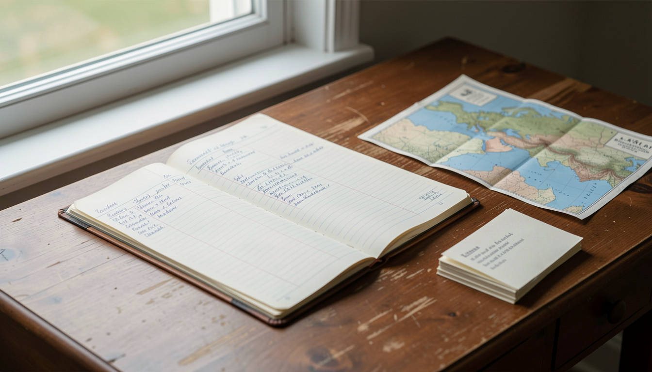 A wooden desk by a window in daylight, an open household ledger with handwritten columns, a folded map and a small stack of letters arranged beside it.