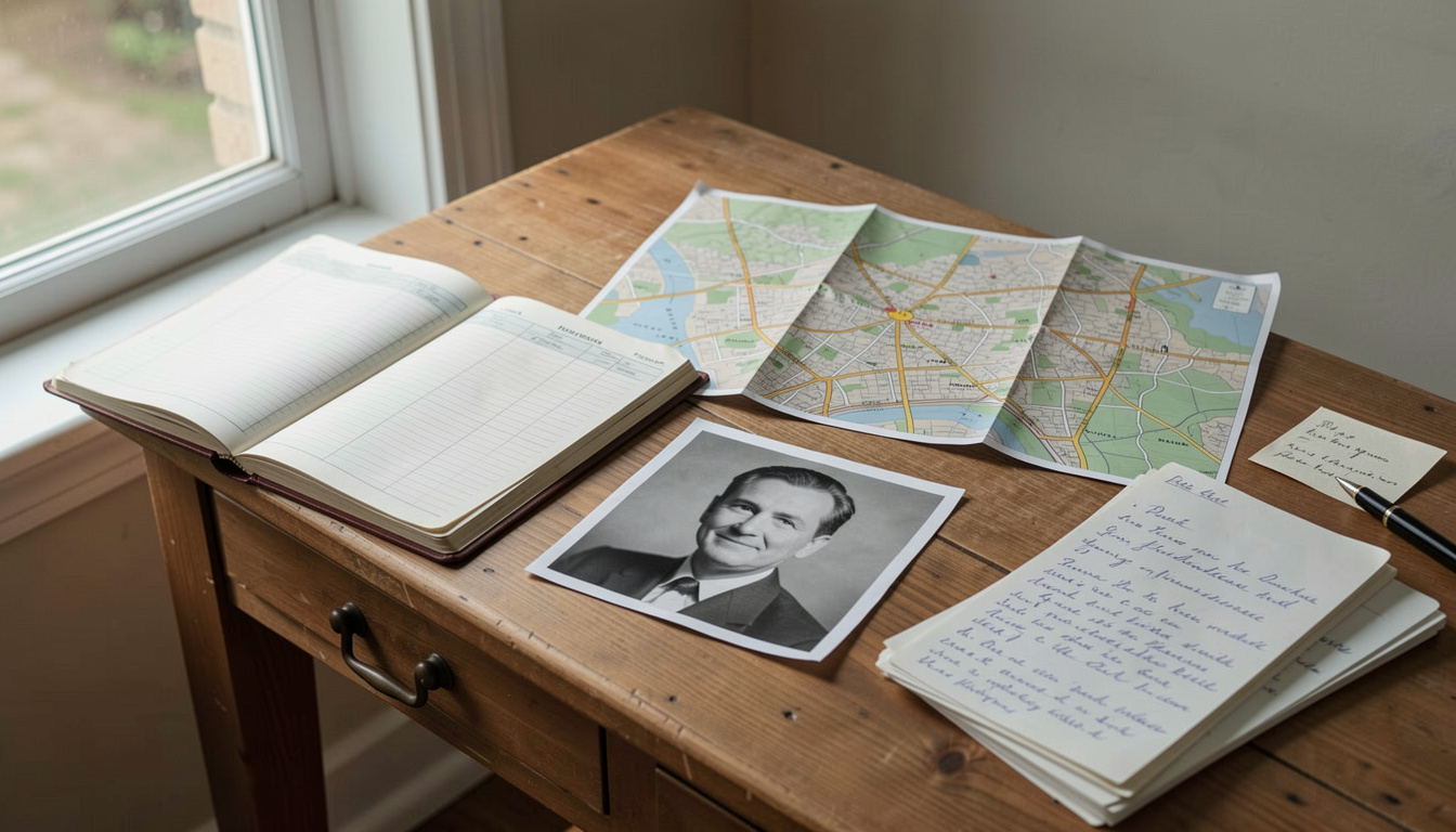 A wooden desk by a window in daylight, covered with an open household ledger, a folded street map, a black and white portrait photograph, and a stack of handwritten letters, shot from slightly above.