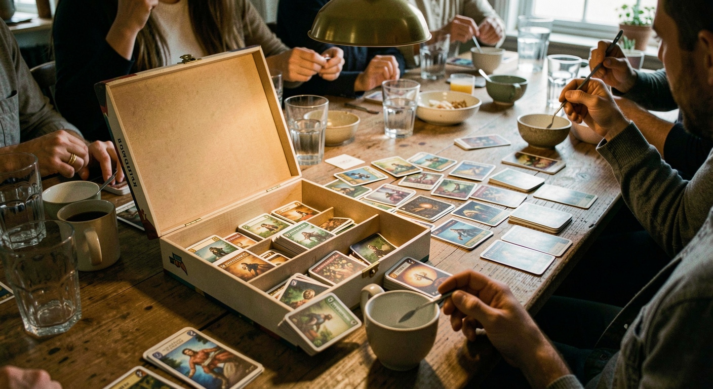 An open board game box and a spread of cards taking up one corner of a crowded wooden table surrounded by glasses, bowls and elbows, warm pendant light