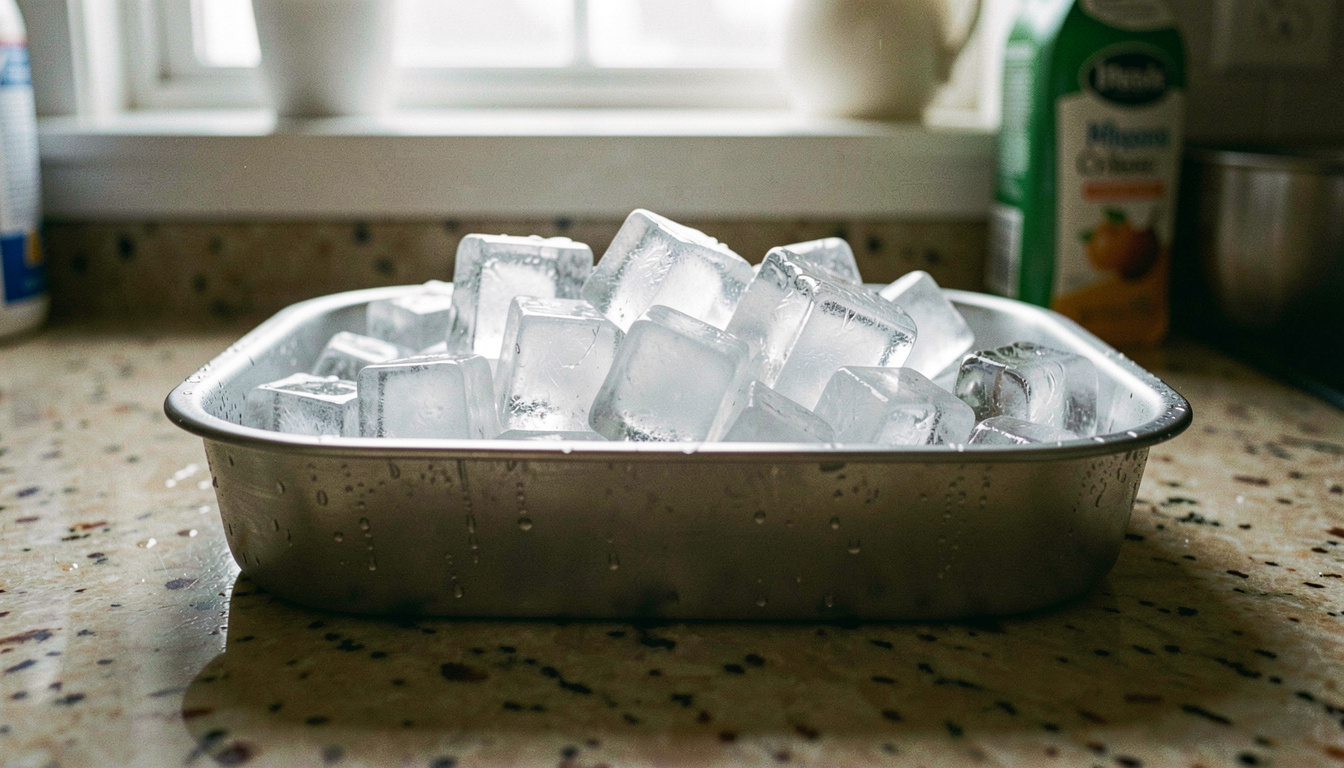 Large clear ice cubes in a steel tray on a kitchen counter, backlit by a window so the light passes straight through them, water beading on the metal