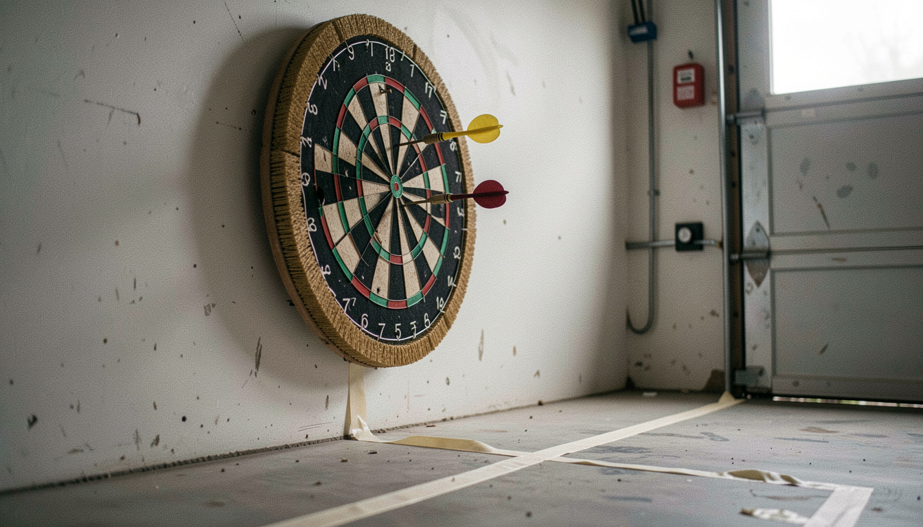 A bristle dartboard mounted on a garage wall with a taped throw line on the floor in the foreground, three darts in the board, side light