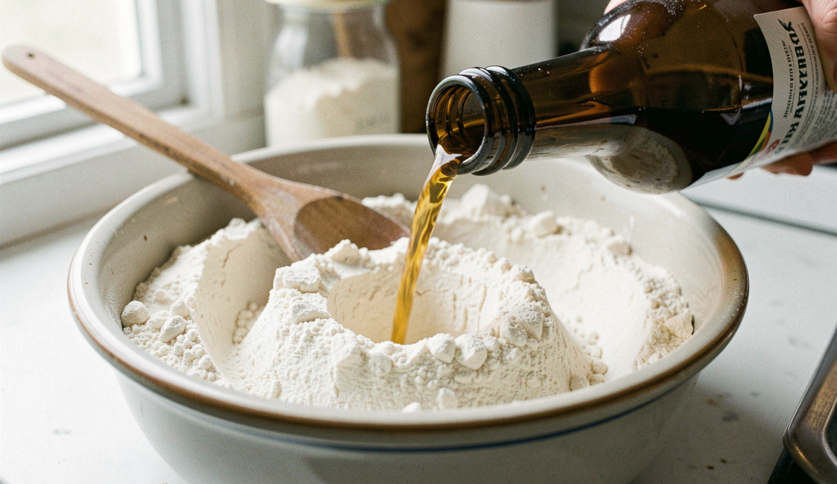 A large ceramic bowl of flour with a well in the middle and an open brown beer bottle being poured into it, wooden spoon resting on the rim, bright kitchen daylight