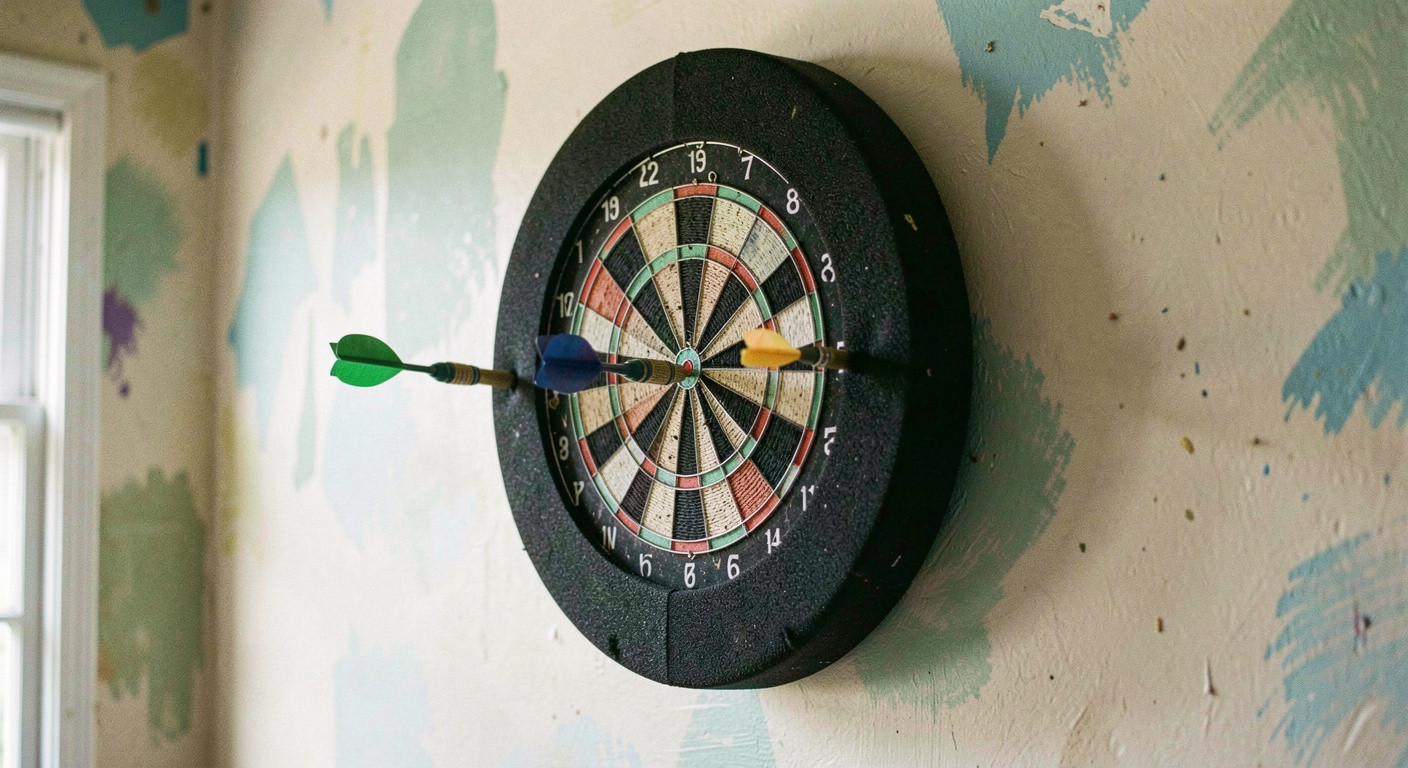 A black foam surround ring fitted around a bristle dartboard on a painted wall, two stray darts stuck in the foam, even light from the front