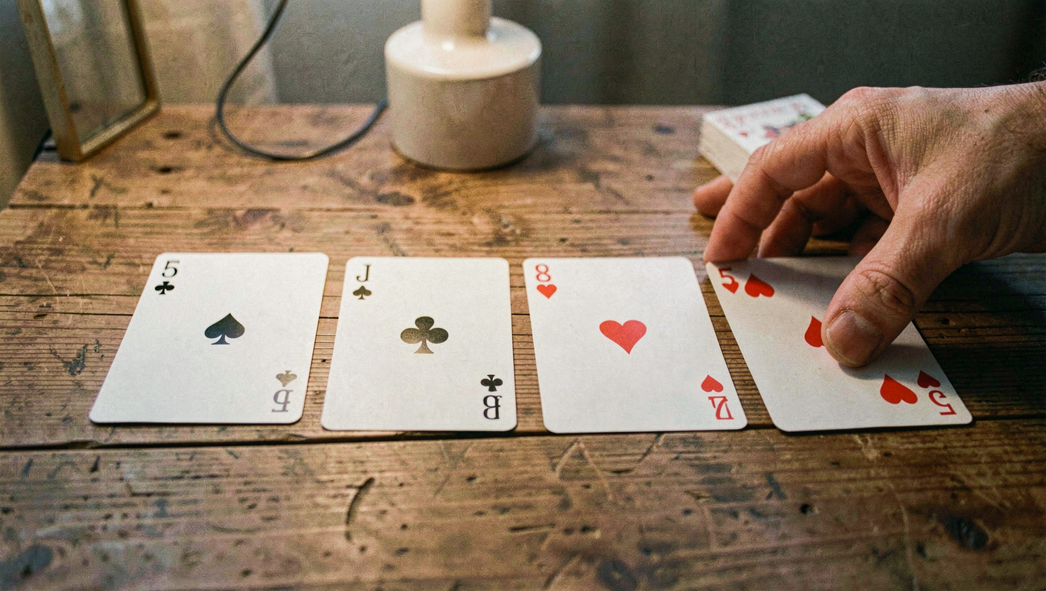 Four playing cards laid in a row face up on a wooden table, a five, a jack, an eight and a two of hearts, a hand resting beside the deck, soft lamp light