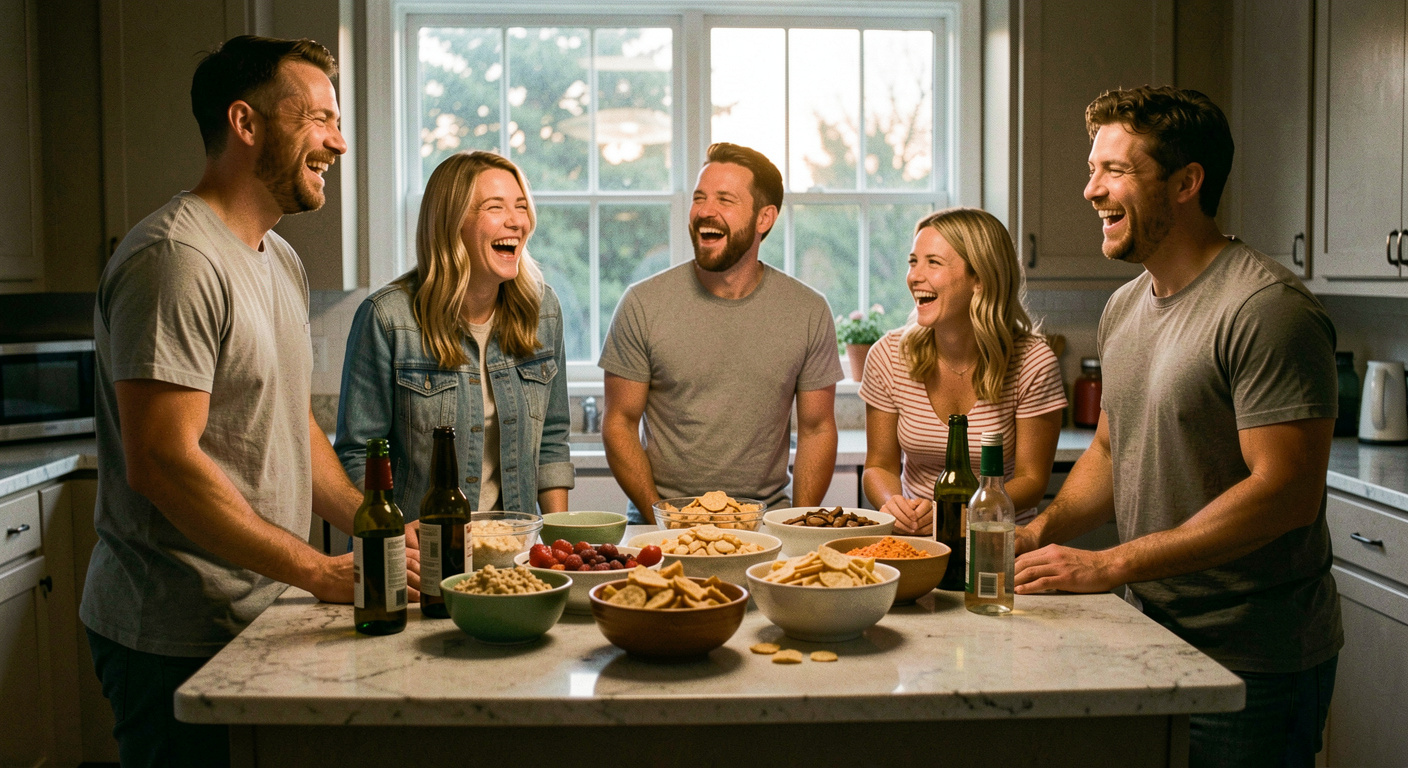 Six friends standing around a kitchen island covered with bowls of snacks and open bottles, laughing, evening light through the window behind them