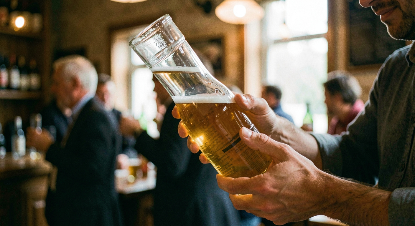 A one litre glass boot of pale beer tilted toward a drinker with the toe pointing sideways to the left, held in both hands, warm beer hall light behind