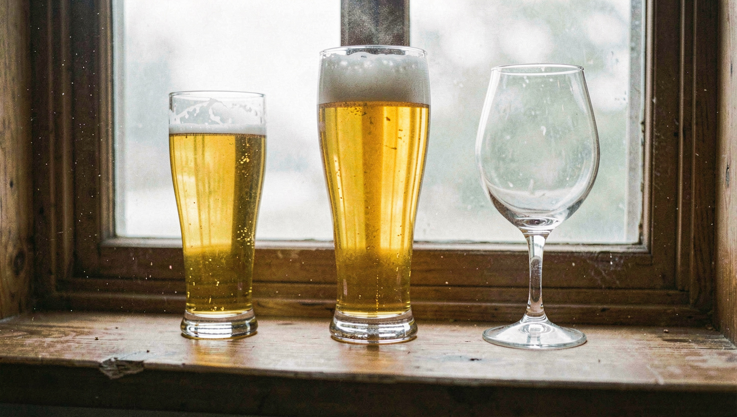 A wooden shelf holding a pilsner glass, a tall wheat beer glass and a stemmed tulip glass side by side, backlit by a window, dust visible in the air
