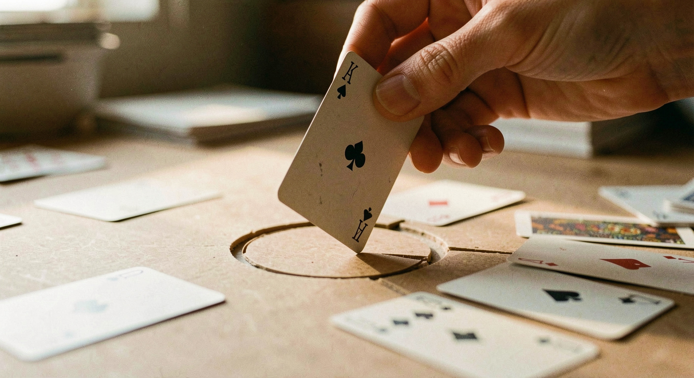 A hand lifting a single playing card vertically out of a thinned ring of cards on a table, other cards visibly separated by small gaps, tense close crop under warm light