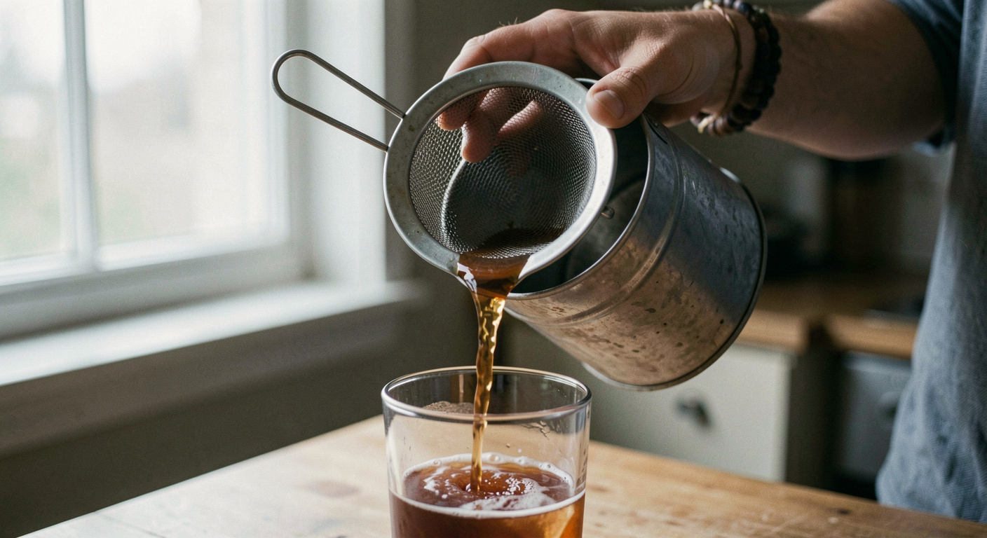A hand holding a hawthorne strainer against the rim of a steel shaking tin while a drink pours into a glass below, close crop, cool daylight from a window