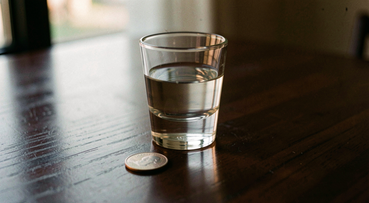 A thick based shot glass half full of clear liquid standing on a dark lacquered table with a coin lying beside it, low warm light and a soft reflection in the wood