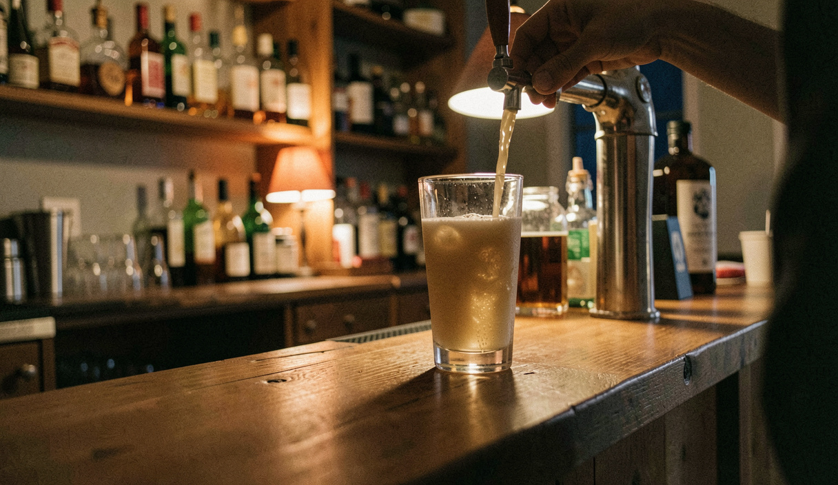 A wooden home bar counter at night, a tall glass being filled from a tap while warm lamplight falls across bottles on the shelf behind, photographed low and close from the customer side