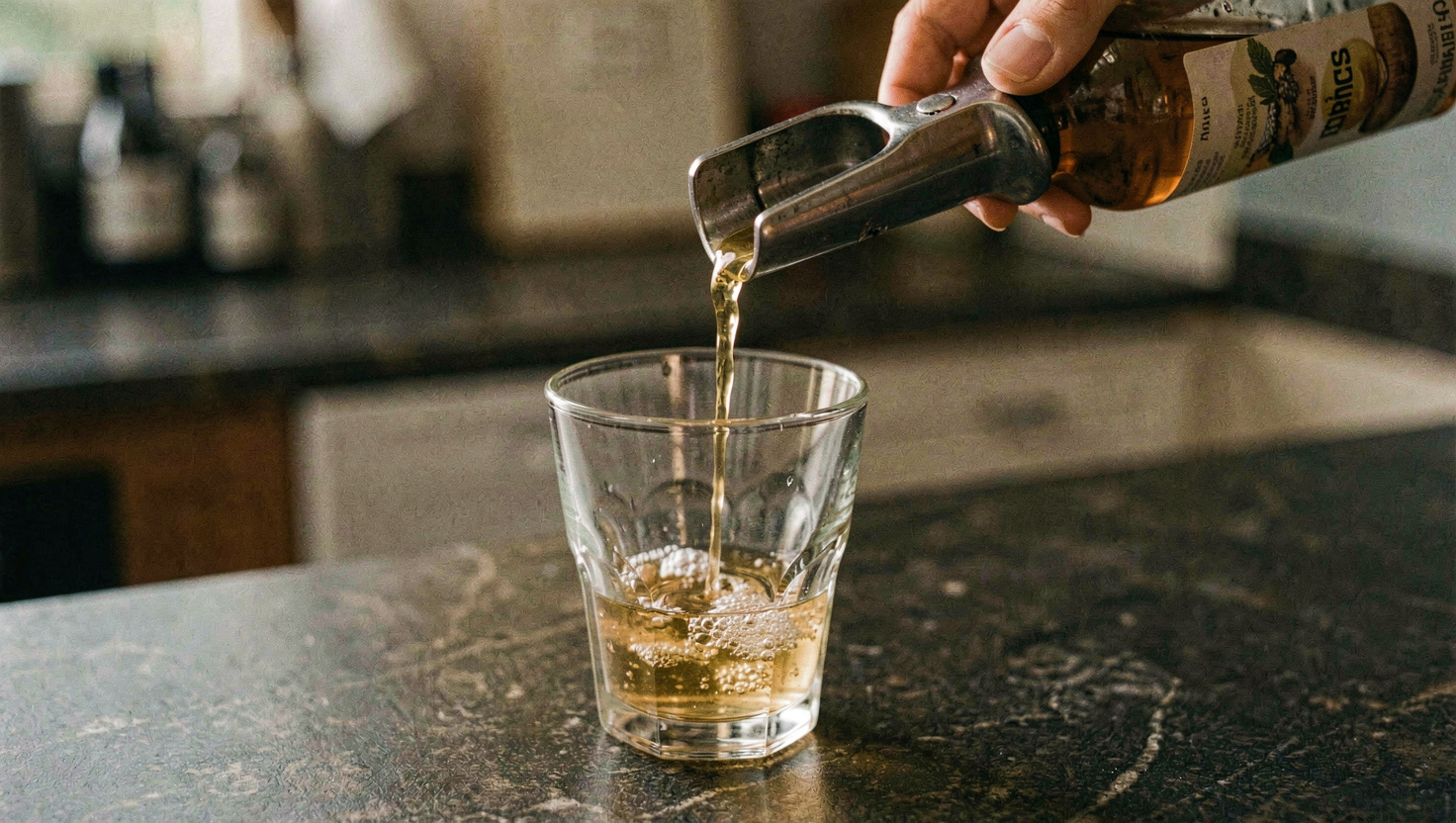 A steel jigger being filled to the brim from a bottle held above a mixing glass on a dark counter, warm side light catching the meniscus
