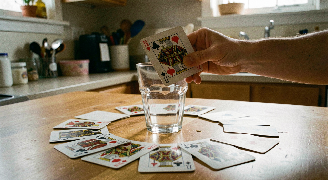 Playing cards spread face down in a broken ring around a pint glass on a kitchen table, one card lifted by a hand, warm ceiling light
