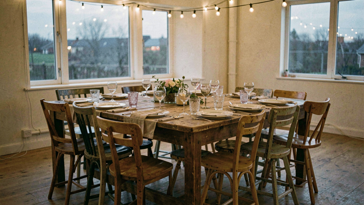 A long wooden table set for twelve with mismatched chairs and stools, plates and glasses laid out, string lights above, dusk through the window