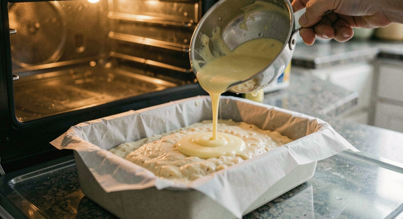 Melted butter being poured from a small pan over the surface of pale lumpy batter in a lined loaf tin, oven door open and warm behind, kitchen counter