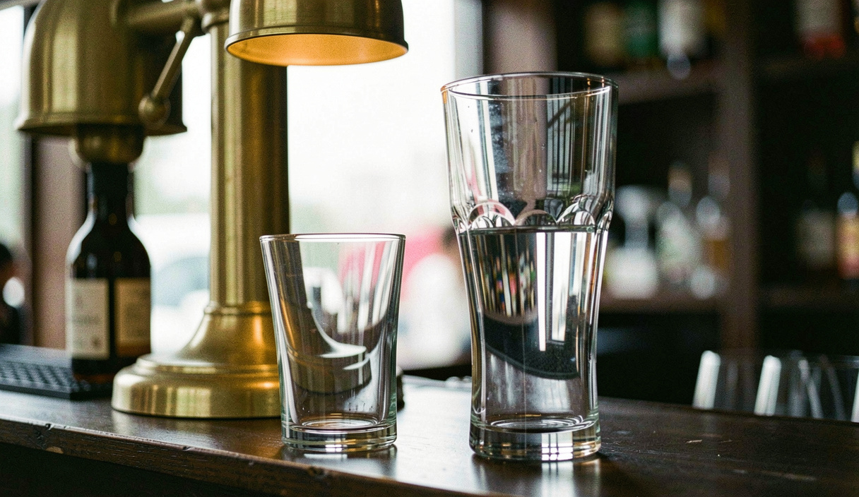 Two glass drinking boots of different sizes standing on a dark bar shelf, brass lamp reflected in the curve of the taller one