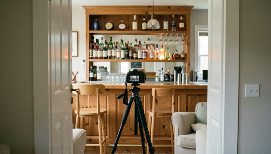 A tripod-mounted camera facing a wooden home bar with lit bottles on the shelf, the room in daylight, shot from the doorway