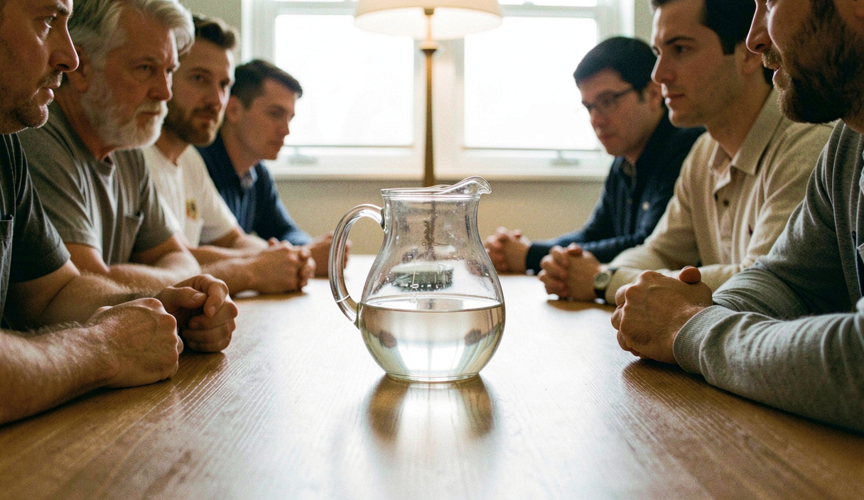 A glass pitcher about half full standing in the centre of a table with two rows of seated players either side, hands resting on the wood, evening lamp light