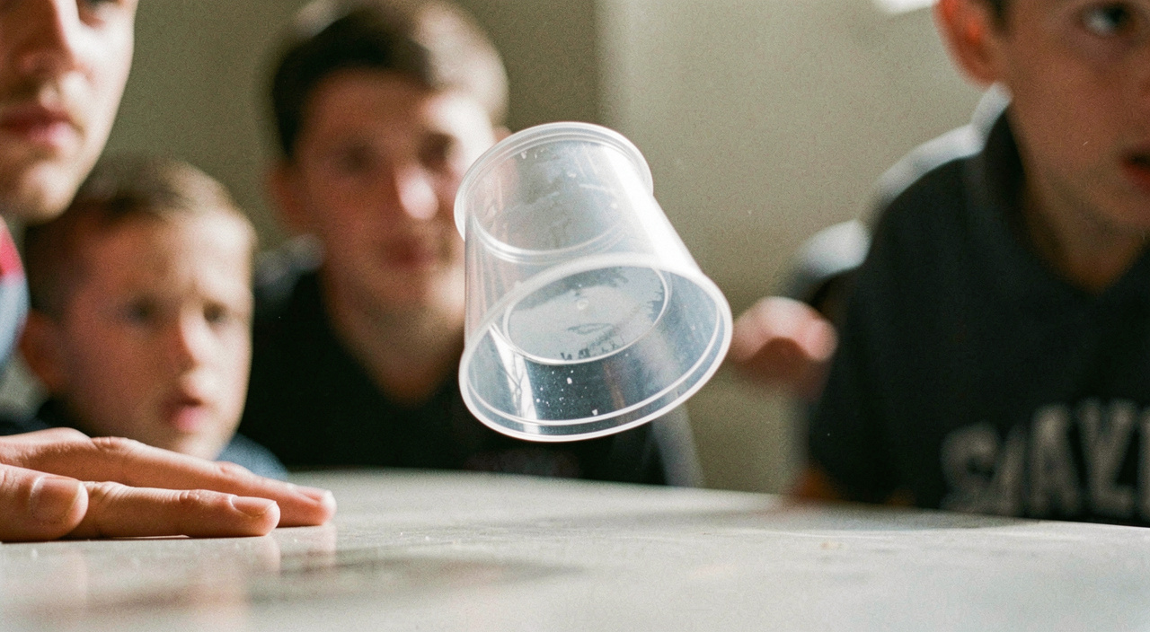 A plastic cup caught upside down in mid air just above the edge of a table with a finger below it, blurred faces of players in the background, hard side light