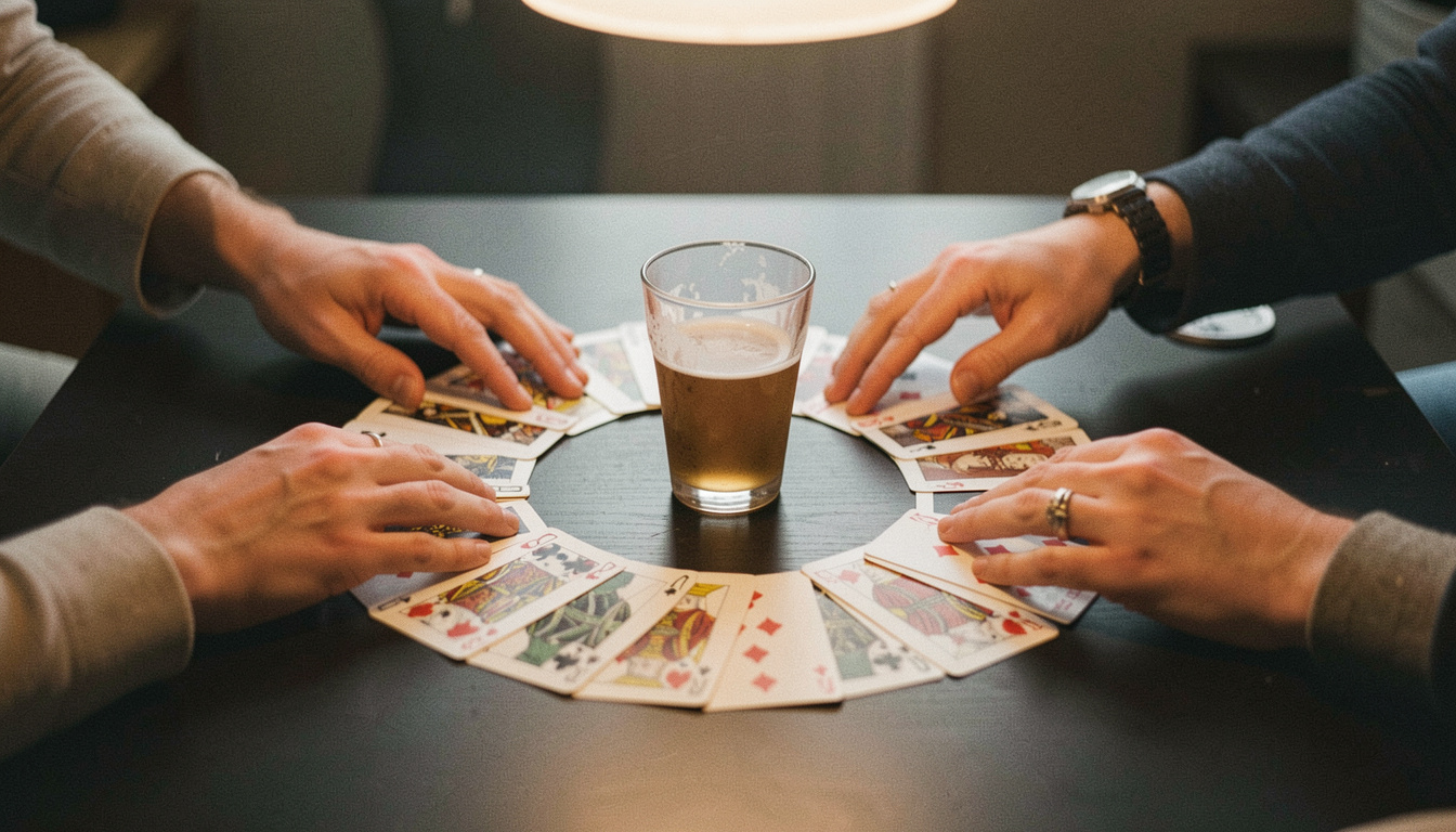 A deck of playing cards fanned in a broken circle around a pint glass on a dark table, four hands reaching in, warm overhead light