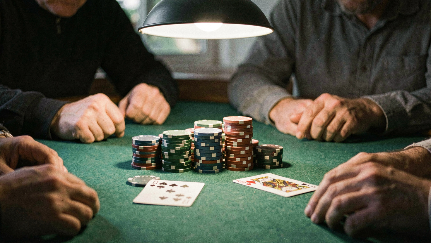 Stacks of clay poker chips and two face down cards on green felt under a low hanging lamp, hands of three players visible at the edge of the light