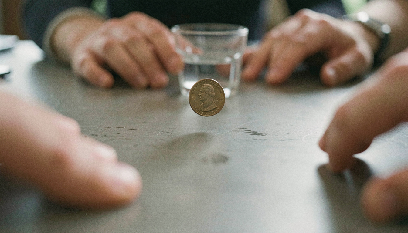 A coin caught in mid bounce above a hard table top heading toward a small glass, hands blurred around the edge of the frame, close low angle