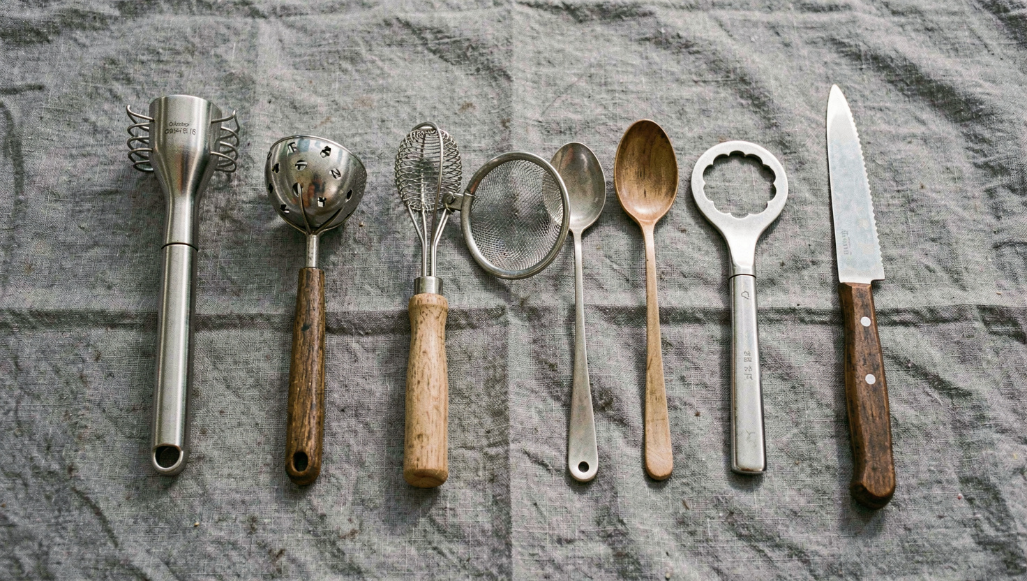Six bar tools arranged in a row on a grey linen cloth, jigger, muddler, strainer, spoon, opener and knife, flat overhead shot in daylight