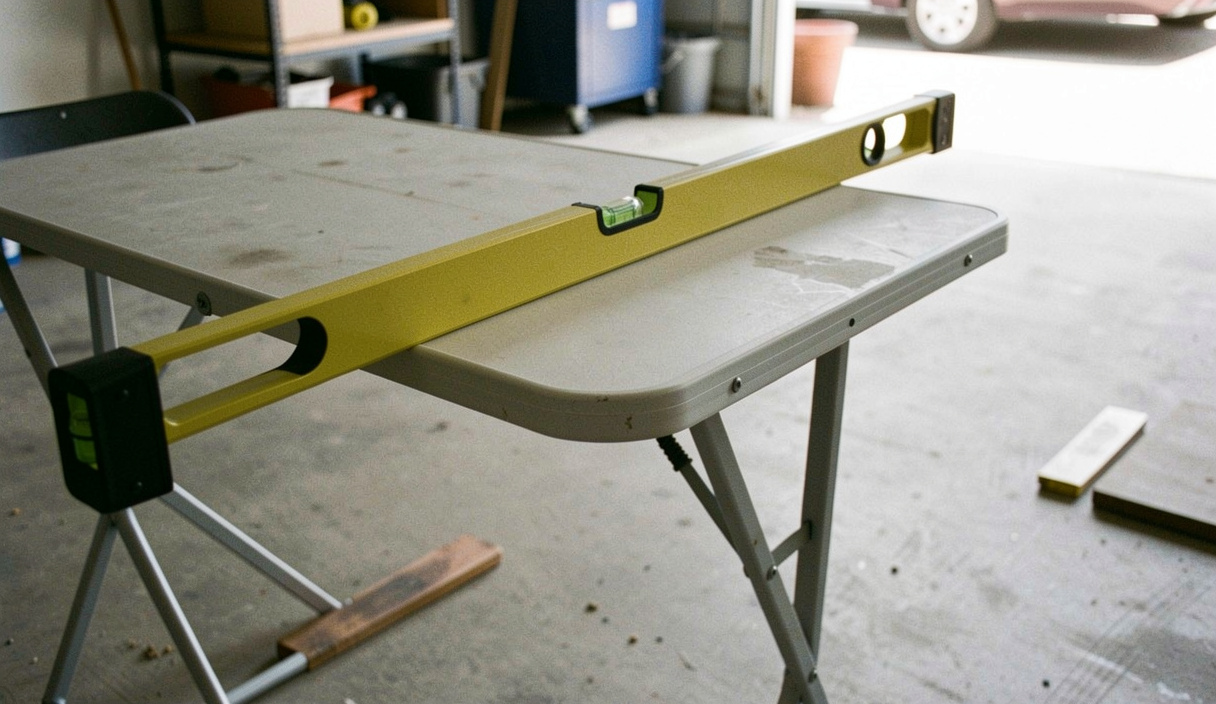 A spirit level lying diagonally across a folding table top in a garage, bubble visibly off centre, concrete floor and a shim in the foreground