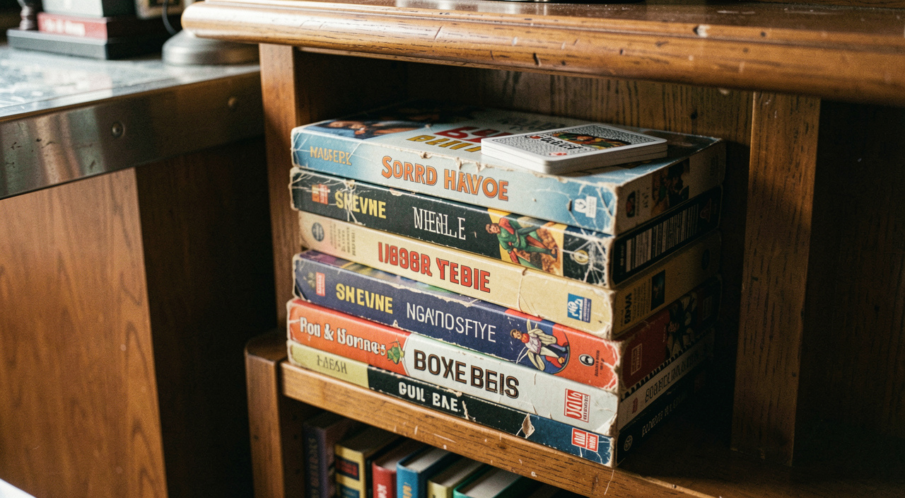 A stack of well used board game boxes on a low shelf beside a bar counter, spines worn, a deck of cards balanced on top, warm light from the left
