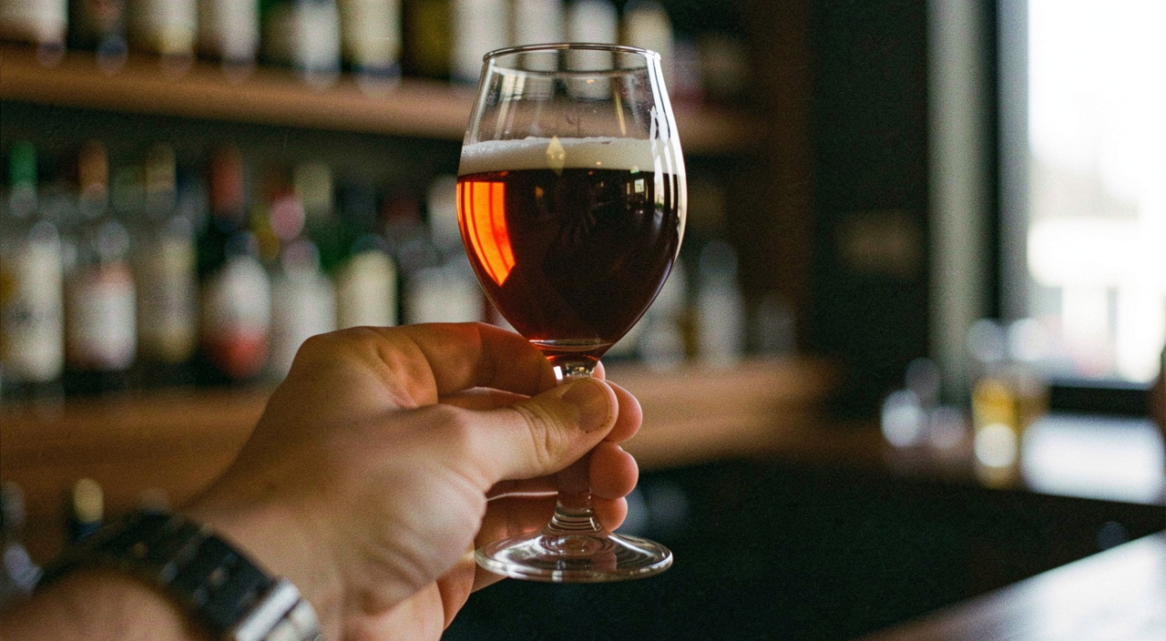 A hand holding a stemmed tulip glass of dark amber beer by the stem alone, the bulb catching low evening light, blurred bar shelves behind