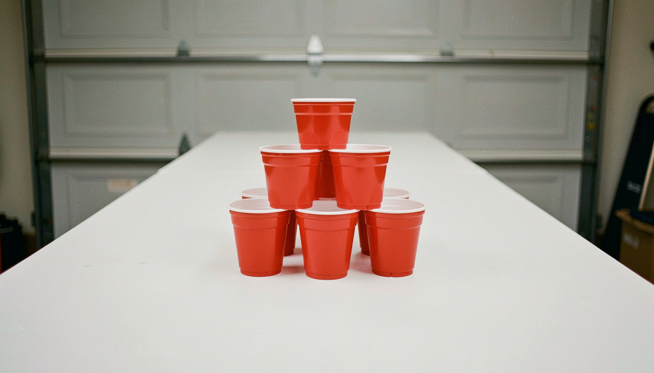 Ten red plastic cups racked in a tight triangle at the end of a long white table, apex pointing toward the camera, garage wall out of focus behind