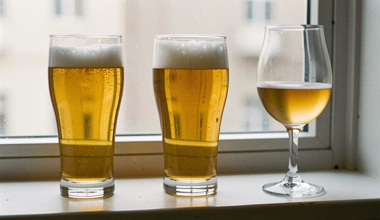 Three empty beer glasses lined up on a windowsill, a straight pilsner, a nonic pint and a stemmed tulip, flat daylight showing their profiles