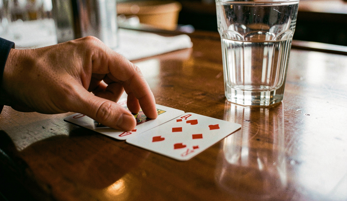 Two playing cards lying face down on a lacquered bar top beside a half full glass, a hand hovering over the left one, low warm light