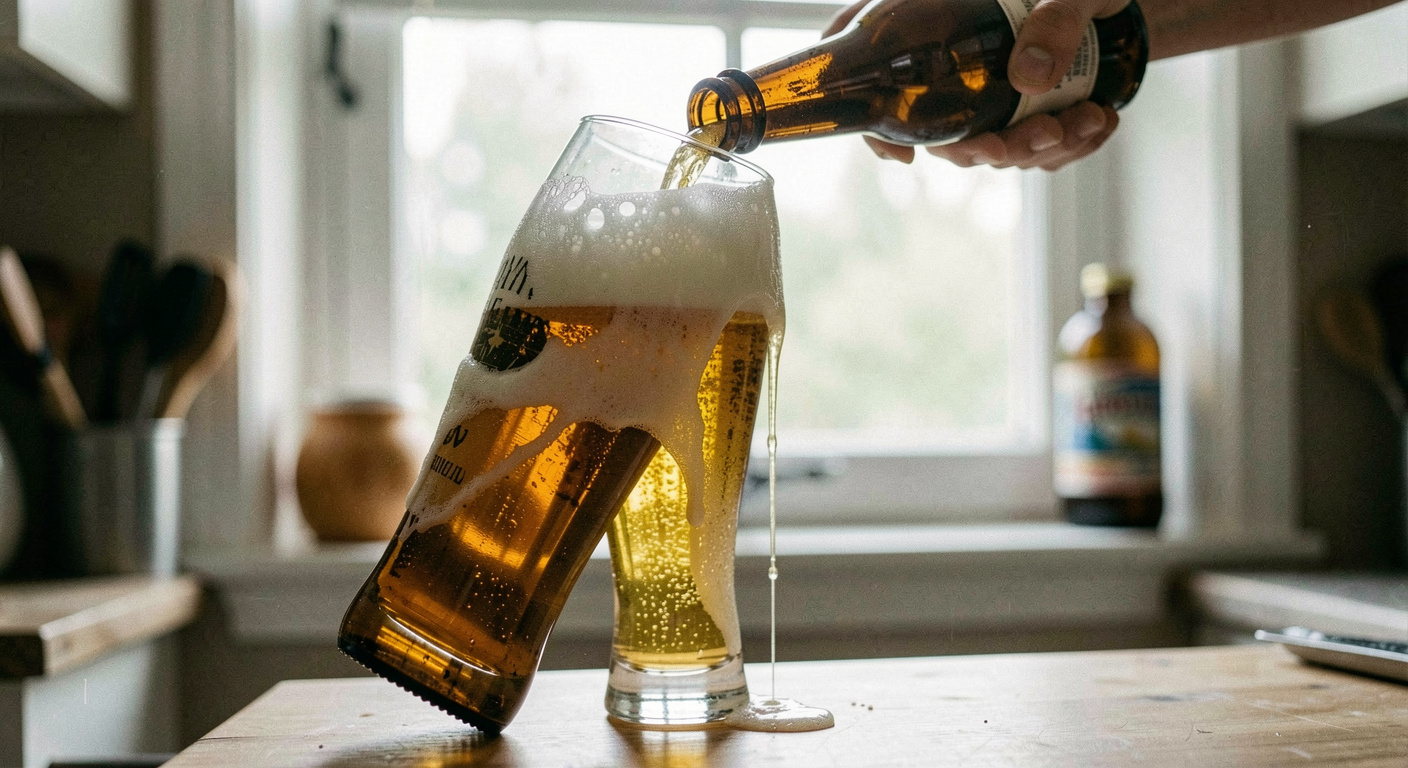 A tall wheat beer glass held at forty five degrees while beer runs down the inside wall from a brown bottle, kitchen window light behind, foam beginning to build