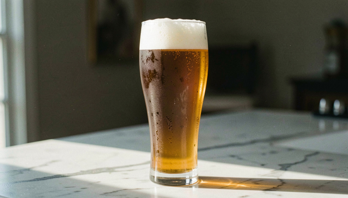 A tall wheat beer glass with a thick foam collar standing on a marble counter, condensation on the curve, low afternoon sun raking across it