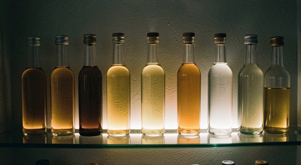 A dark wine bottle standing on a wooden bar counter beside two empty stemmed glasses, a handwritten paper shelf label propped behind it, low warm light from the left